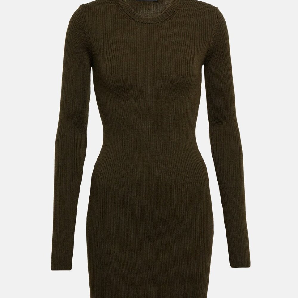 WARDROBE.NYC ribbed-knit wool long sleeve crew neck minidress in Military